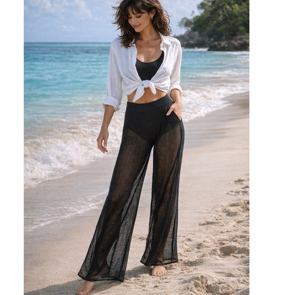Vintage 90s Black Palazzo Pants‎ Mesh Knit Beachwear Wide Leg High Waist